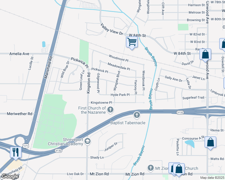 map of restaurants, bars, coffee shops, grocery stores, and more near 8818 Wyngate Boulevard in Shreveport