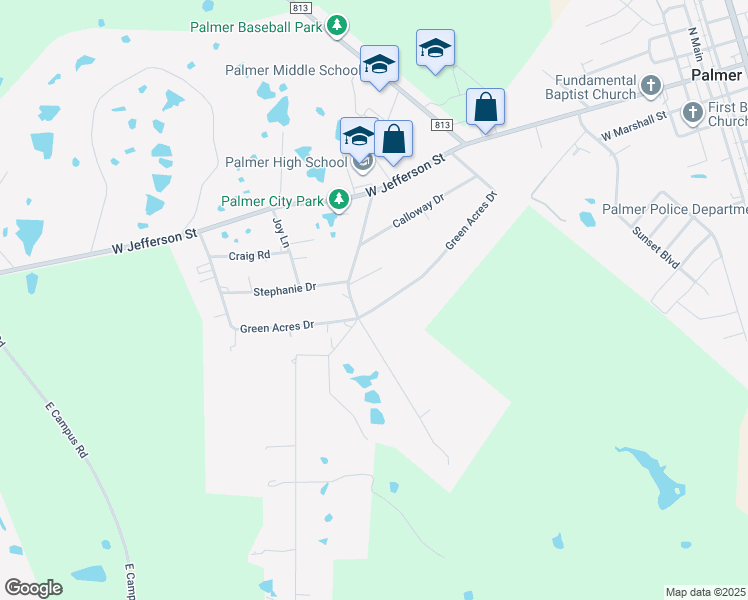 map of restaurants, bars, coffee shops, grocery stores, and more near 444 Green Acres Drive in Palmer