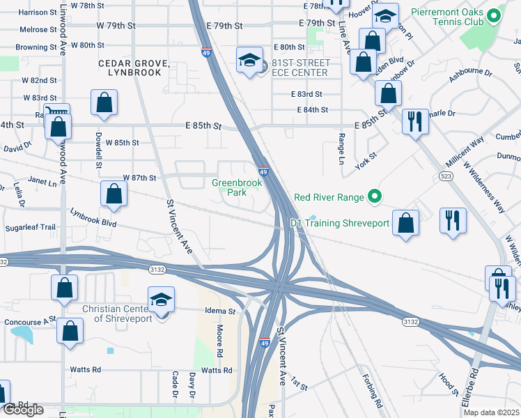 map of restaurants, bars, coffee shops, grocery stores, and more near 8786 South Emerald Loop in Shreveport
