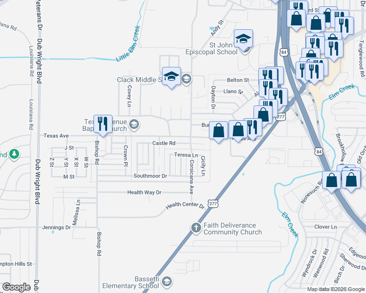 map of restaurants, bars, coffee shops, grocery stores, and more near 2302 Kerry Lane in Abilene
