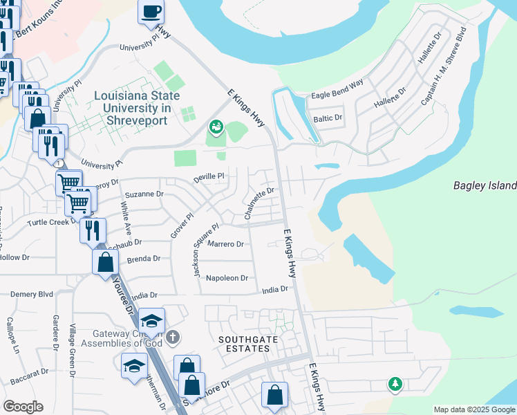 map of restaurants, bars, coffee shops, grocery stores, and more near 8525 Chalmette Drive in Shreveport