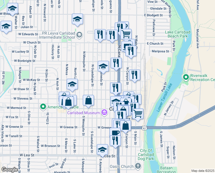 map of restaurants, bars, coffee shops, grocery stores, and more near 305 North Halagueno Street in Carlsbad