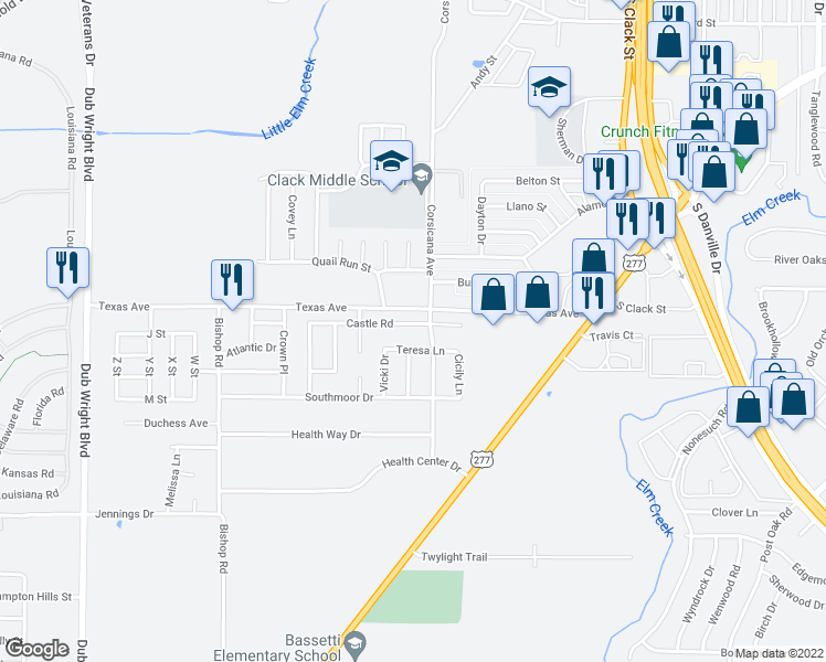 map of restaurants, bars, coffee shops, grocery stores, and more near 5417 Castle Road in Abilene