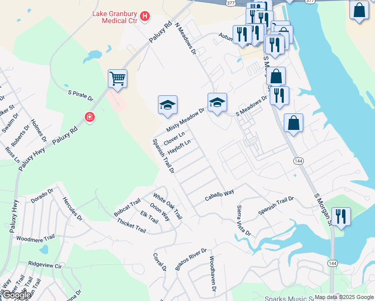map of restaurants, bars, coffee shops, grocery stores, and more near 1508 Berry Patch Lane in Granbury