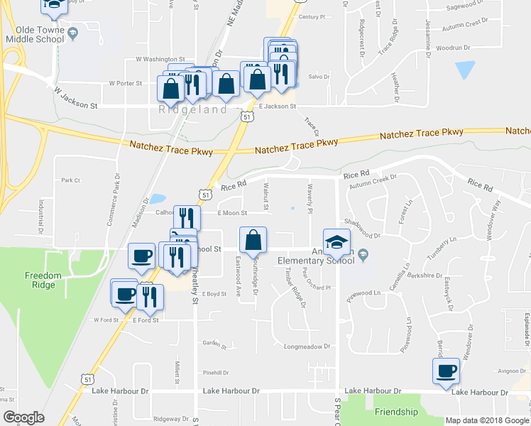 map of restaurants, bars, coffee shops, grocery stores, and more near 399 East Moon Street in Ridgeland