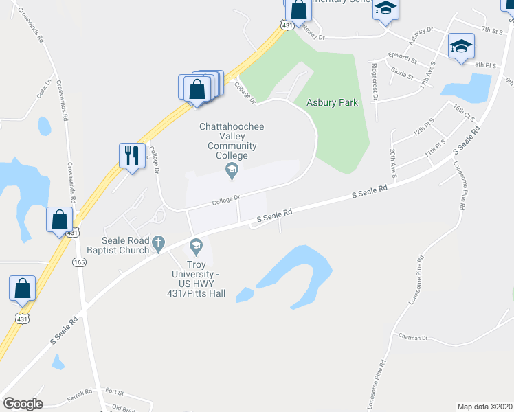 map of restaurants, bars, coffee shops, grocery stores, and more near 2514 South Seale Road in Phenix City