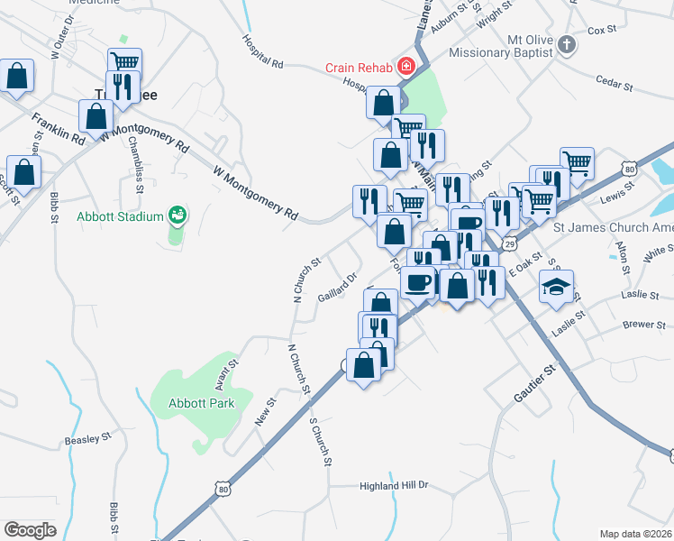 map of restaurants, bars, coffee shops, grocery stores, and more near 722-898 Gaillard Drive in Tuskegee