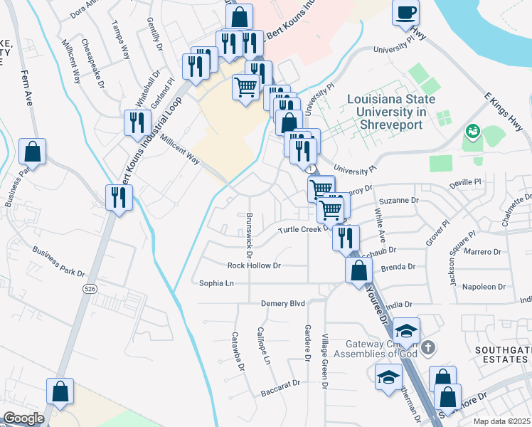 map of restaurants, bars, coffee shops, grocery stores, and more near 518 Turtle Creek Drive in Shreveport