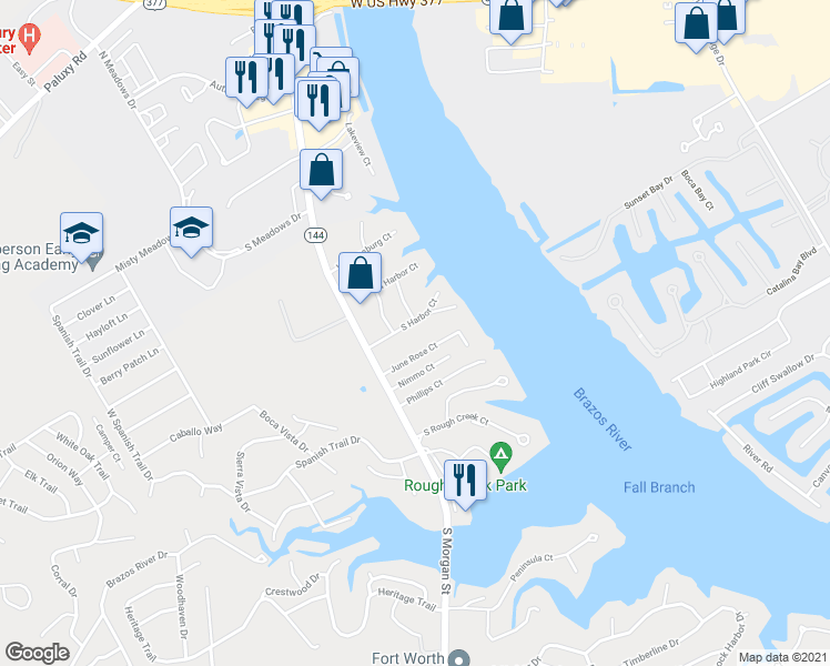 map of restaurants, bars, coffee shops, grocery stores, and more near 615 South Harbor Court in Granbury