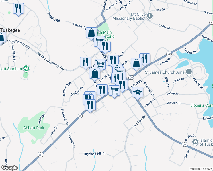 map of restaurants, bars, coffee shops, grocery stores, and more near West Northside Street in Tuskegee