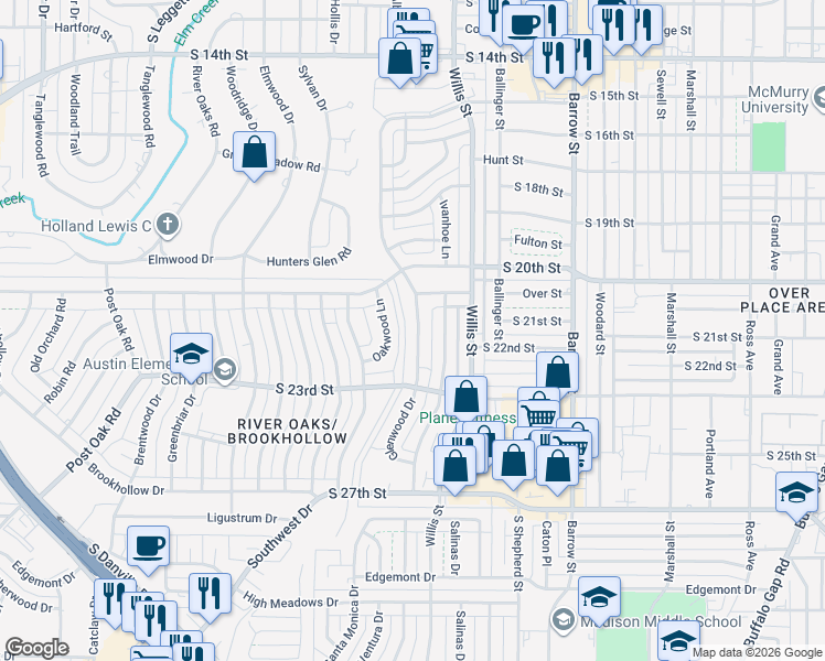 map of restaurants, bars, coffee shops, grocery stores, and more near 2165 Oakwood Lane in Abilene