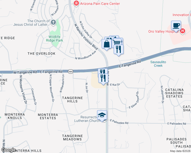 map of restaurants, bars, coffee shops, grocery stores, and more near 550 East Tangerine Road in Oro Valley