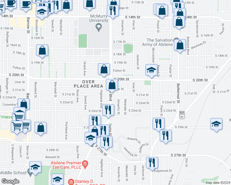 map of restaurants, bars, coffee shops, grocery stores, and more near 2029 Over Street in Abilene
