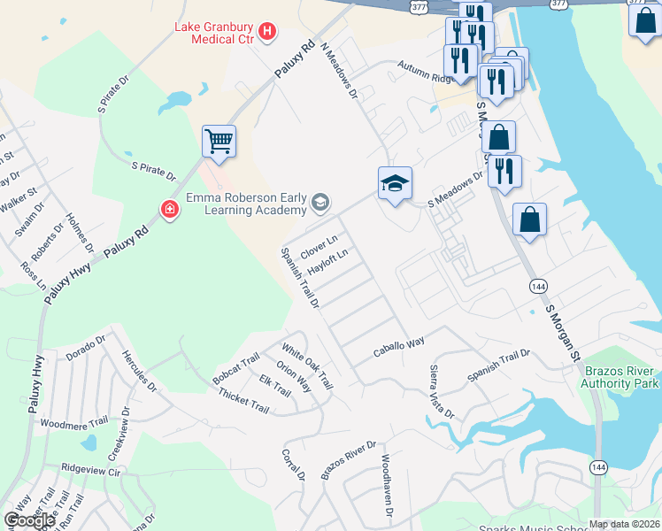 map of restaurants, bars, coffee shops, grocery stores, and more near 1513 Clover Lane in Granbury