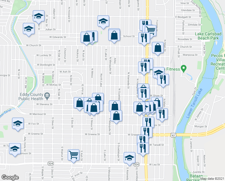 map of restaurants, bars, coffee shops, grocery stores, and more near 602 North Mesquite Street in Carlsbad
