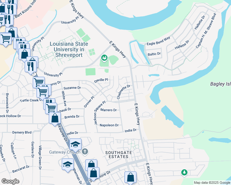 map of restaurants, bars, coffee shops, grocery stores, and more near 8515 Grover Place in Shreveport