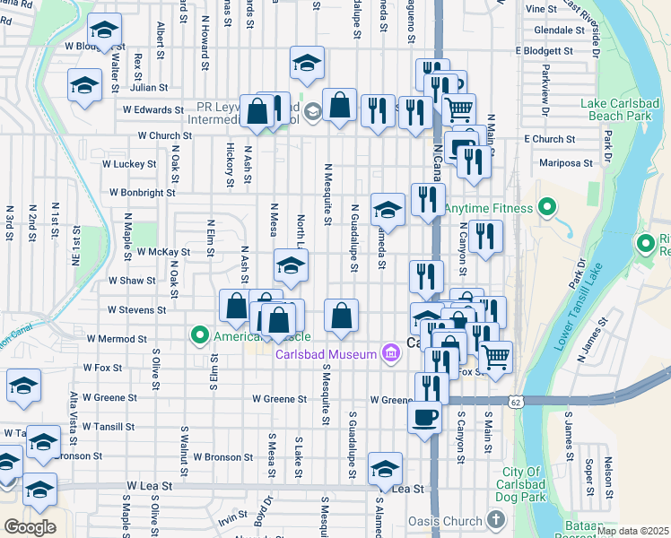 map of restaurants, bars, coffee shops, grocery stores, and more near 308 North Mesquite Street in Carlsbad