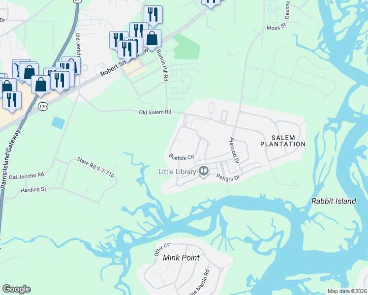 map of restaurants, bars, coffee shops, grocery stores, and more near 82 Bostick Circle in Beaufort