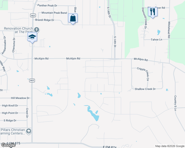 map of restaurants, bars, coffee shops, grocery stores, and more near 613 Dove Creek Park in Midlothian