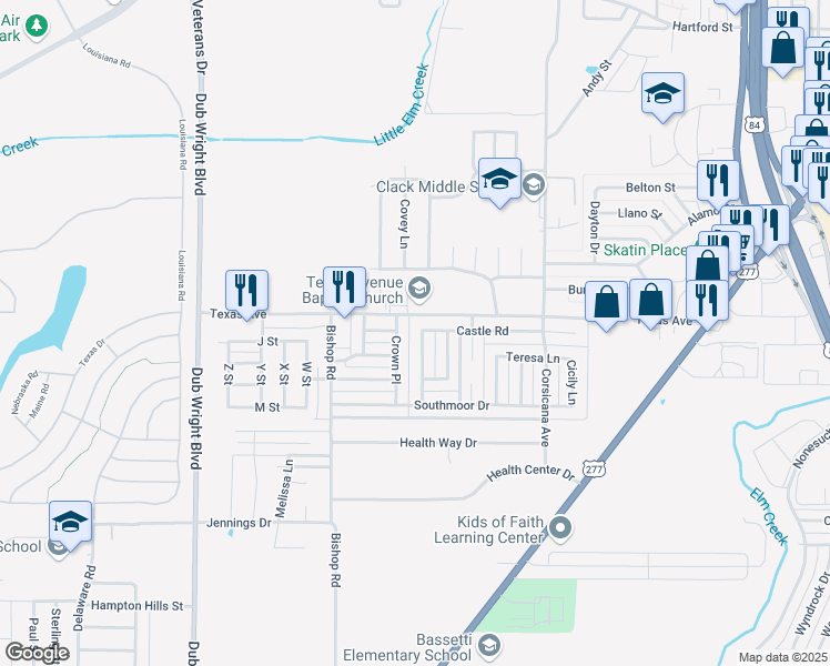map of restaurants, bars, coffee shops, grocery stores, and more near 2218 Shere Lynne Lane in Abilene