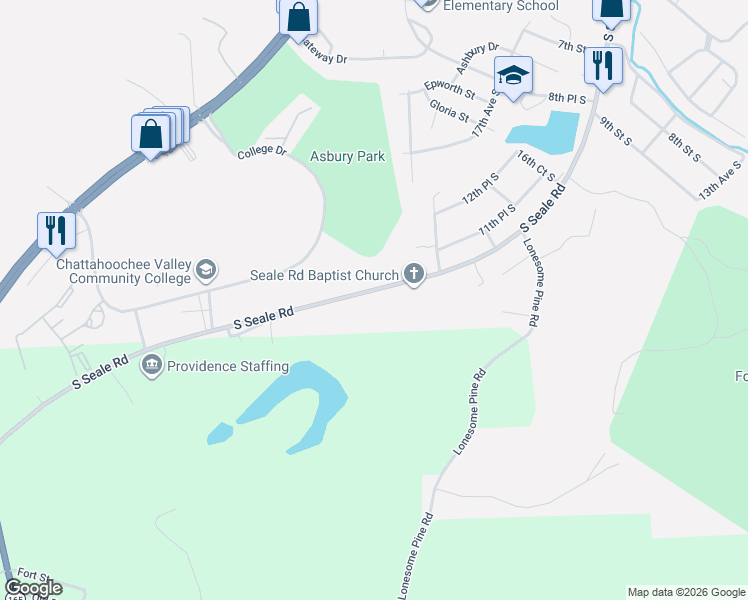 map of restaurants, bars, coffee shops, grocery stores, and more near 2108 South Seale Road in Phenix City