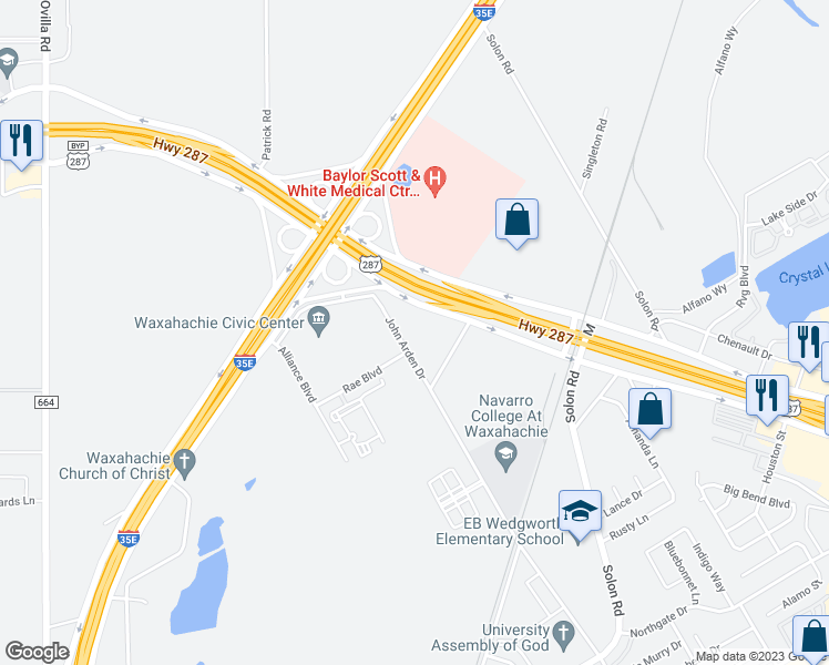 map of restaurants, bars, coffee shops, grocery stores, and more near 1701 U.S. 287 Bypass in Waxahachie