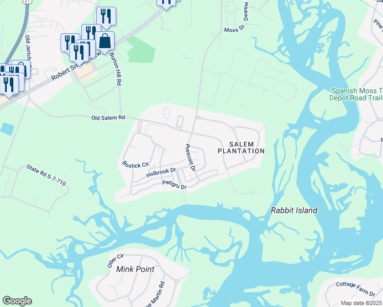 map of restaurants, bars, coffee shops, grocery stores, and more near 113 Prescott Drive in Beaufort
