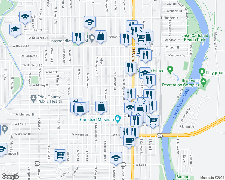 map of restaurants, bars, coffee shops, grocery stores, and more near 309 North Alameda Street in Carlsbad