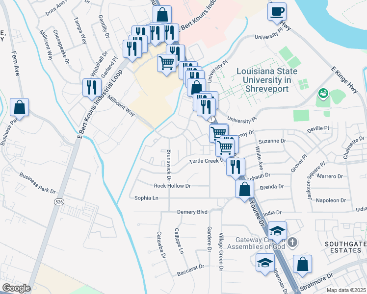 map of restaurants, bars, coffee shops, grocery stores, and more near 8601 Millicent Way in Shreveport