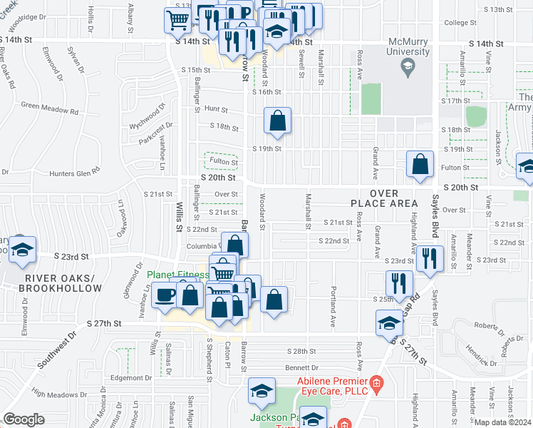 map of restaurants, bars, coffee shops, grocery stores, and more near 2057 Woodard Street in Abilene