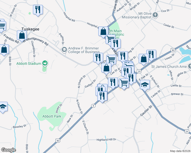 map of restaurants, bars, coffee shops, grocery stores, and more near 501-599 Gaillard Drive in Tuskegee