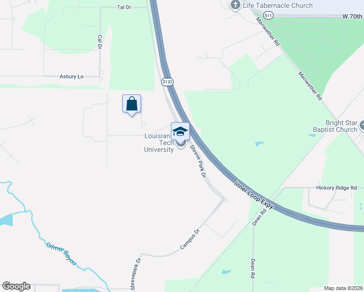 map of restaurants, bars, coffee shops, grocery stores, and more near Latech Drive in Shreveport