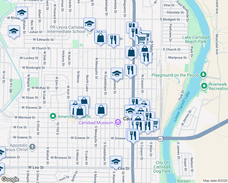 map of restaurants, bars, coffee shops, grocery stores, and more near 401 North Alameda Street in Carlsbad