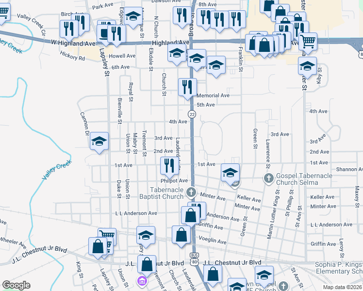 map of restaurants, bars, coffee shops, grocery stores, and more near 1804 Lauderdale Street in Selma