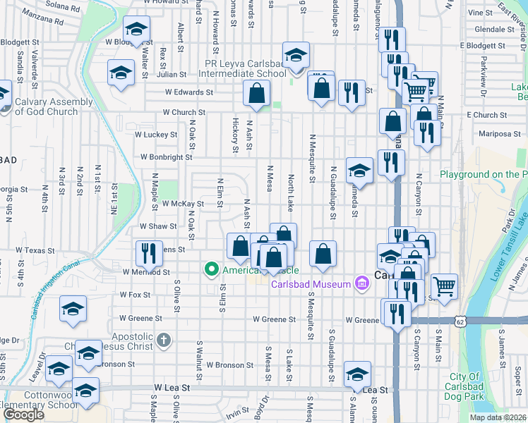 map of restaurants, bars, coffee shops, grocery stores, and more near 402 North Mesa in Carlsbad