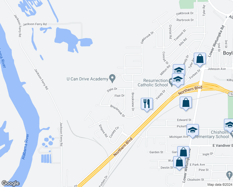 map of restaurants, bars, coffee shops, grocery stores, and more near 218 Flair Drive in Montgomery
