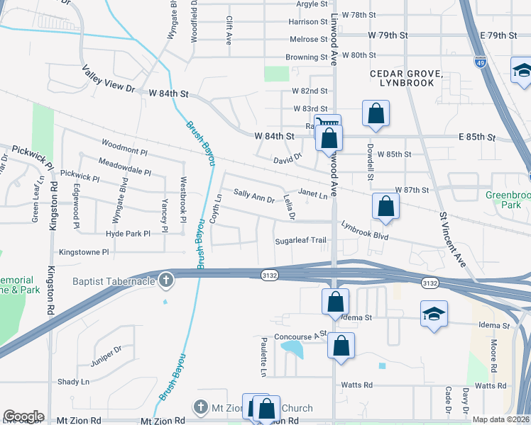 map of restaurants, bars, coffee shops, grocery stores, and more near 546 Lynbrook Boulevard in Shreveport