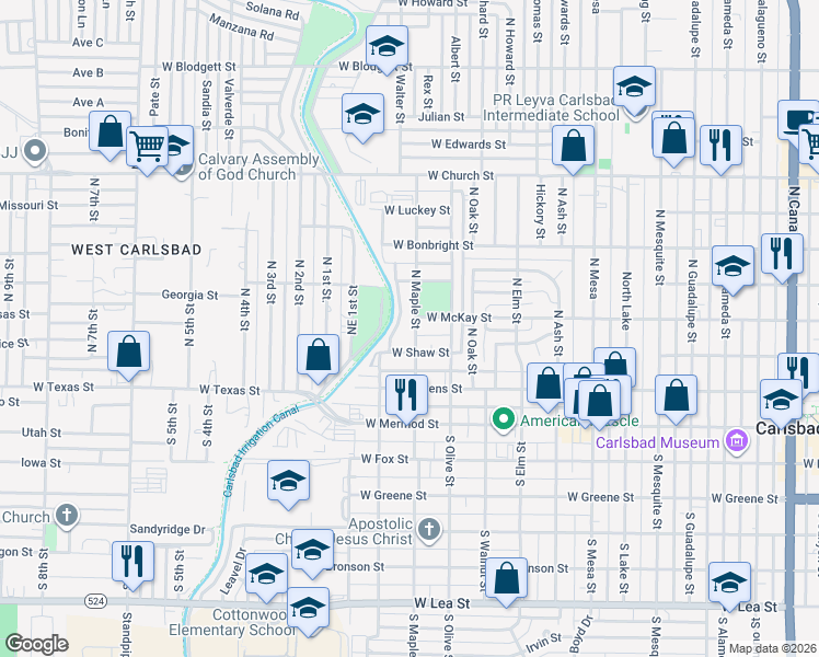 map of restaurants, bars, coffee shops, grocery stores, and more near 319 N Maple St in Carlsbad