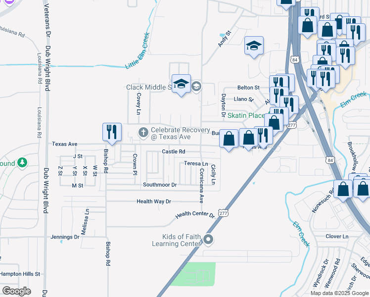 map of restaurants, bars, coffee shops, grocery stores, and more near 5502 Castle Road in Abilene