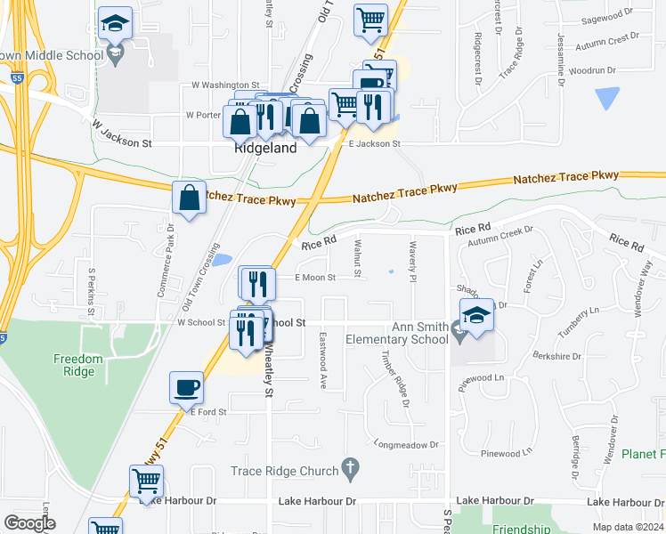 map of restaurants, bars, coffee shops, grocery stores, and more near 206 East Clay Street in Ridgeland