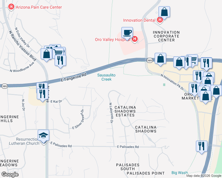 map of restaurants, bars, coffee shops, grocery stores, and more near 11957 North Labyrinth Drive in Tucson