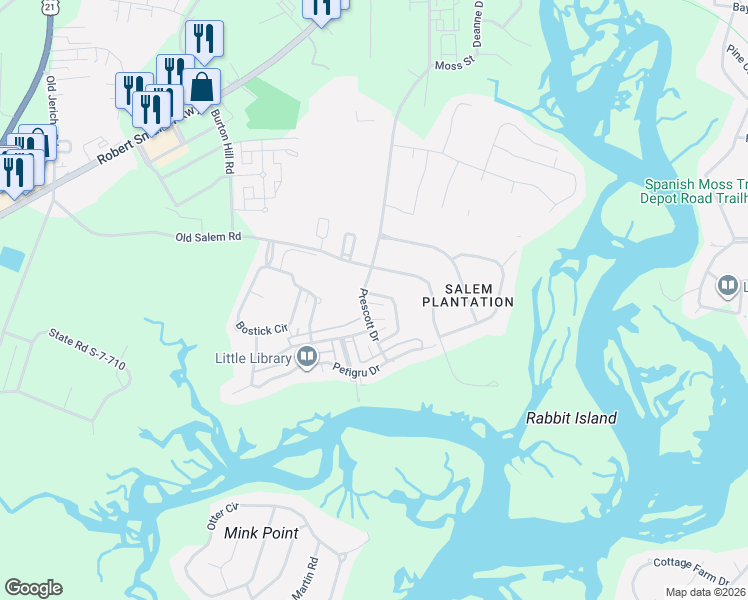 map of restaurants, bars, coffee shops, grocery stores, and more near 105 Prescott Drive in Beaufort