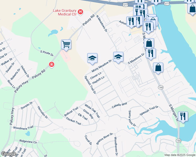 map of restaurants, bars, coffee shops, grocery stores, and more near 1513 Clover Lane in Granbury