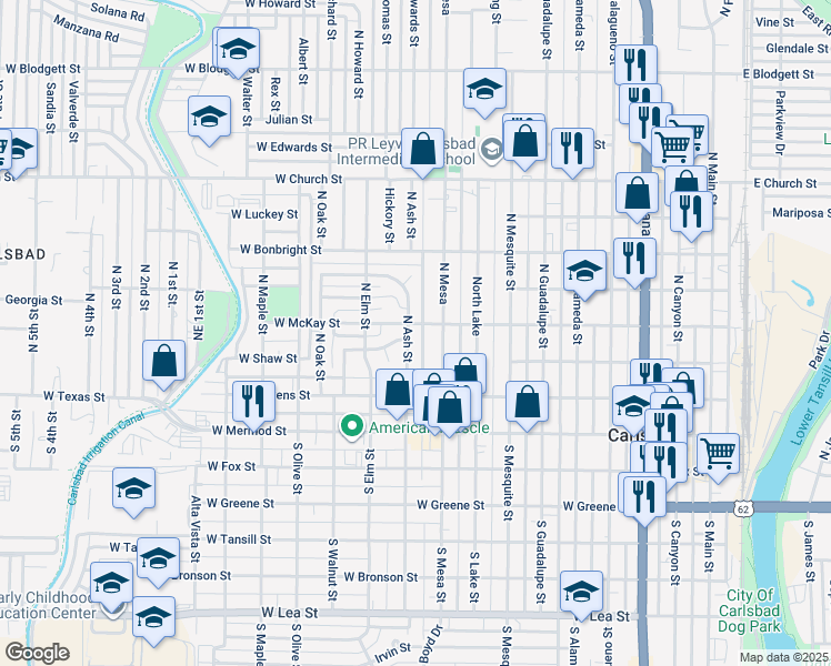 map of restaurants, bars, coffee shops, grocery stores, and more near 312 North Ash Street in Carlsbad