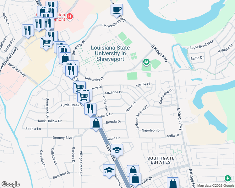 map of restaurants, bars, coffee shops, grocery stores, and more near 205 Suzanne Drive in Shreveport