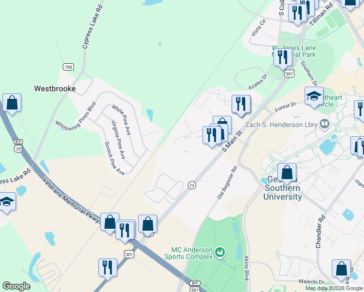 map of restaurants, bars, coffee shops, grocery stores, and more near 350 Rucker Lane in Statesboro