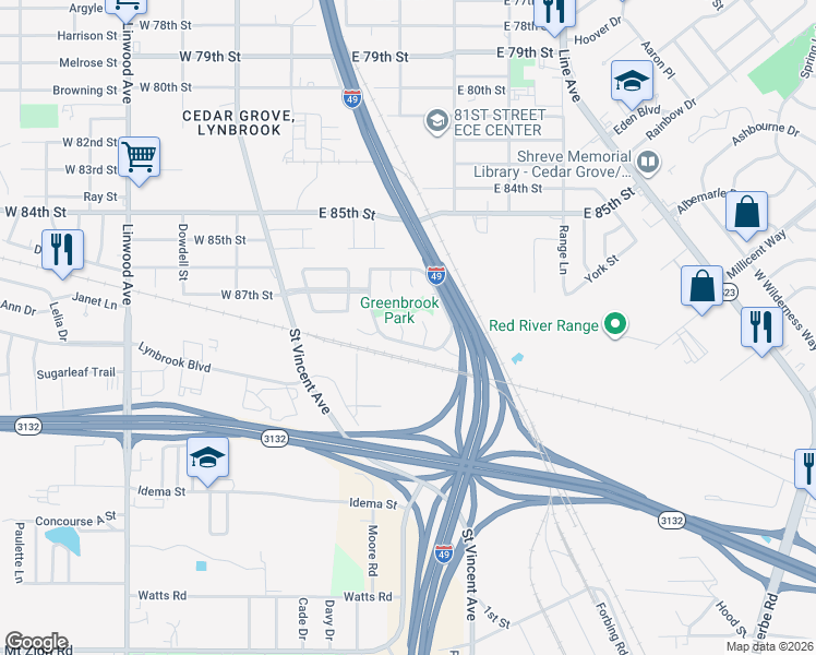 map of restaurants, bars, coffee shops, grocery stores, and more near 8701 Lehman Circle in Shreveport
