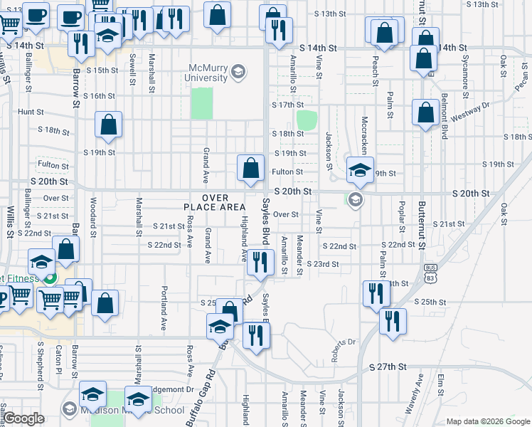 map of restaurants, bars, coffee shops, grocery stores, and more near Sayles Boulevard in Abilene