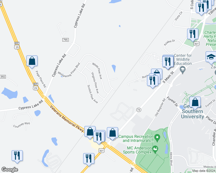 map of restaurants, bars, coffee shops, grocery stores, and more near 9064 Whispering Pines Boulevard in Statesboro