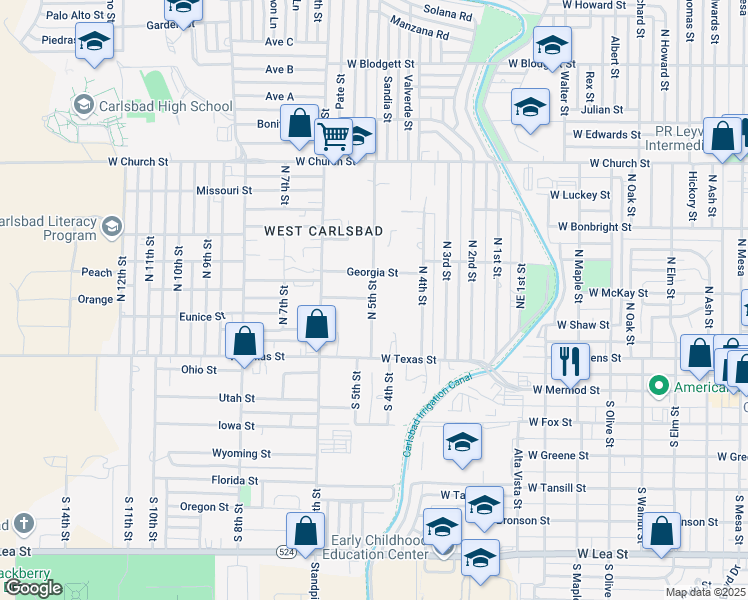 map of restaurants, bars, coffee shops, grocery stores, and more near 222 North 5th Street in Carlsbad